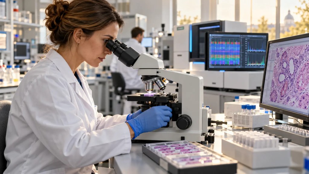 Eine Wissenschaftlerin untersucht Tumorgewebe im molekularpathologischen Labor.