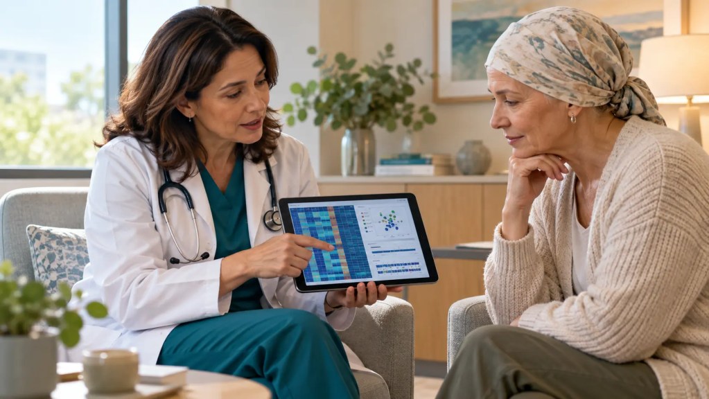 Eine Onkologin erklärt einer Patientin ein molekulares Tumorprofil auf einem Tablet.