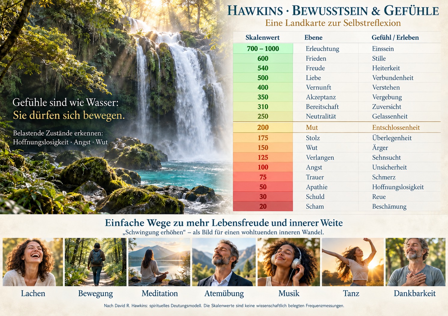 Hawkins-Skala von Scham bis Erleuchtung mit farbigen Modellwerten; keine gemessenen Hertz-Frequenzen.