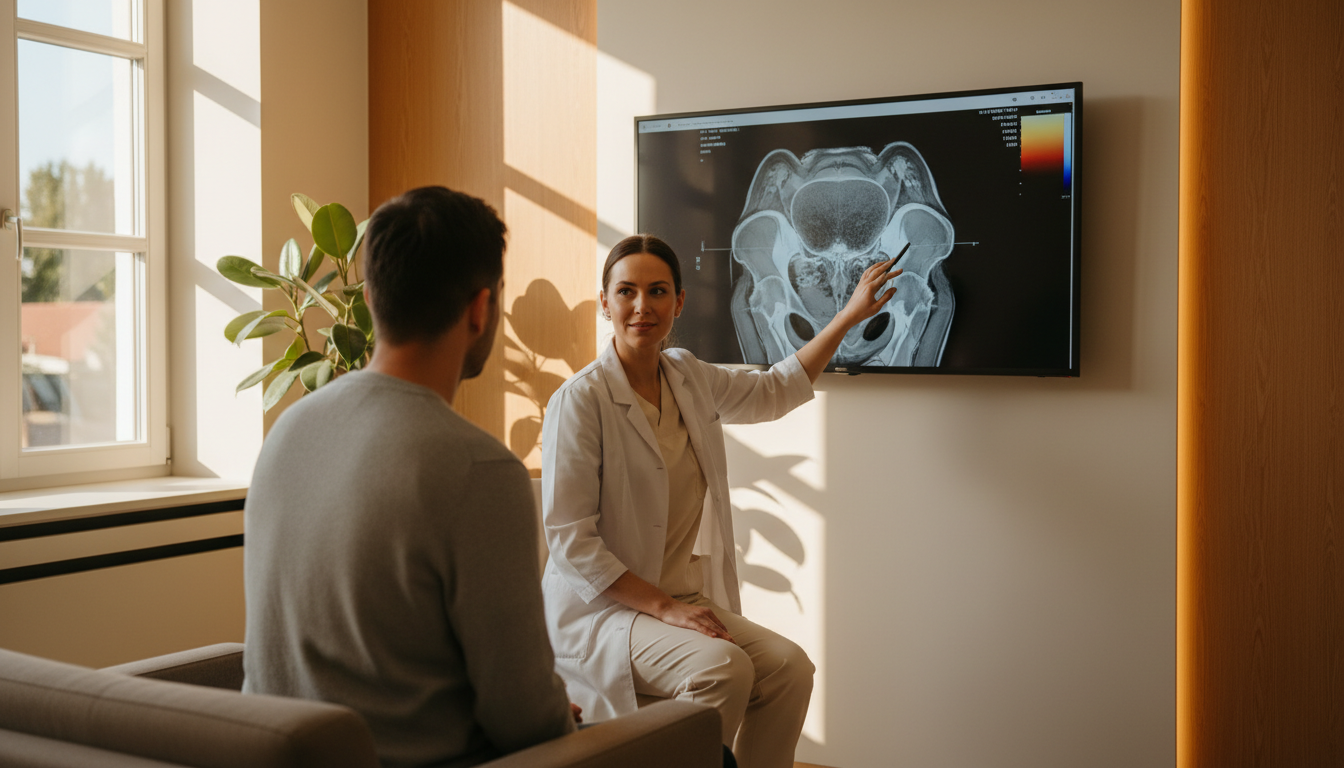 Urologin bespricht mit einem Patienten eine anonymisierte Aufnahme der Harnblase.