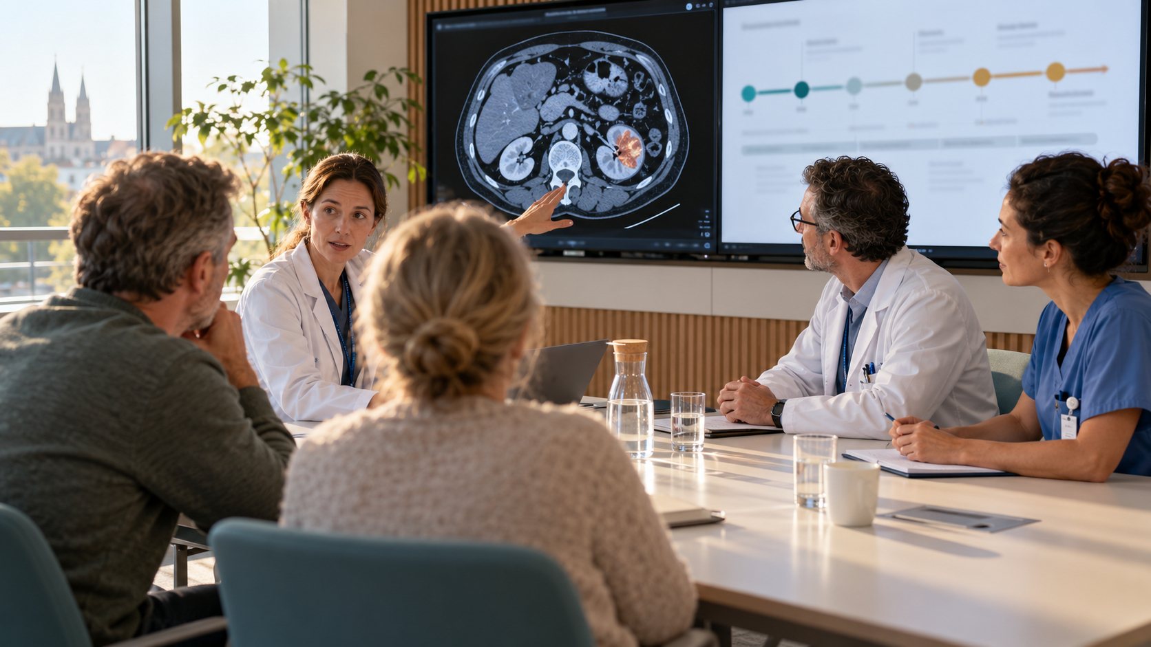 Ein Tumorboard bespricht mit einem Patienten die Bildgebung eines Nierentumors.