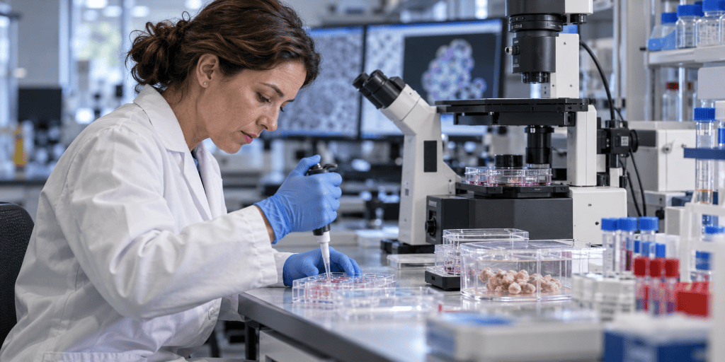 Forscherin arbeitet im Labor mit Mikroskop, Pipette und Tumororganoid-Proben