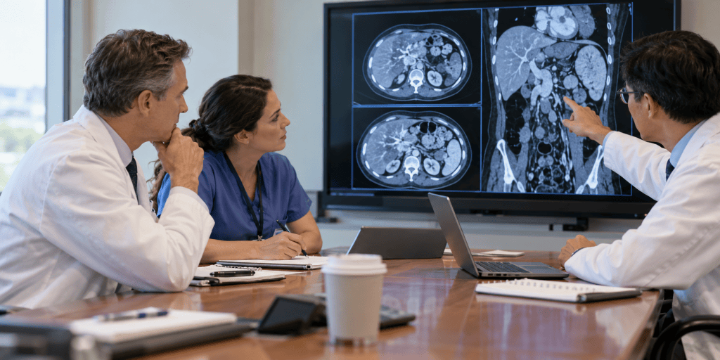 Drei Fachärzte besprechen im Tumorboard eine Bauch-CT-Aufnahme