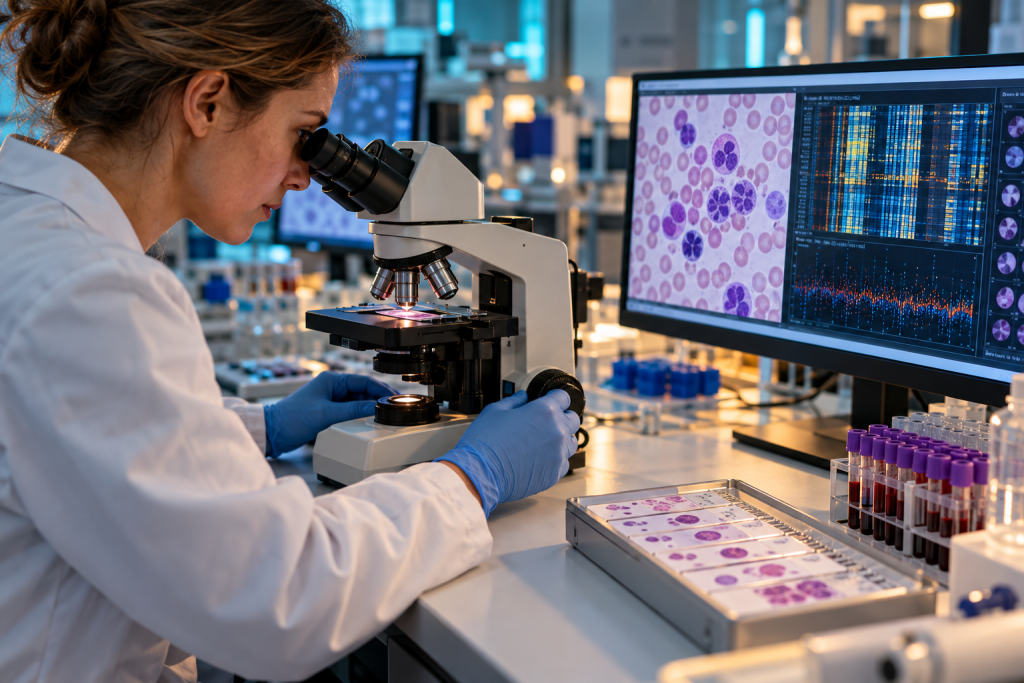 Forscherin untersucht Blutproben und Knochenmarkzellen in einem hämatologischen Labor.