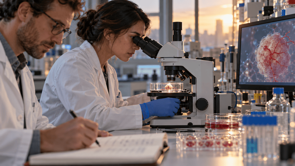 Zwei Forschende untersuchen ein Nierenkrebs-Organoid und seine Gefäßversorgung im Labor.