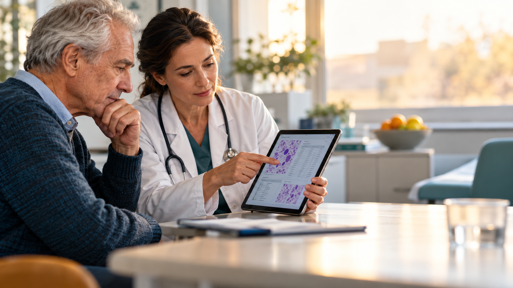 Älterer Patient bespricht mit einer Hämatologin Blut- und Knochenmarkbefunde auf einem Tablet.